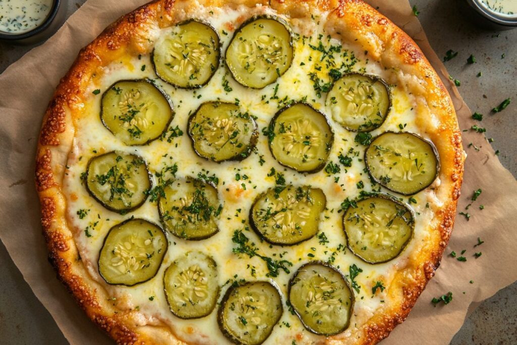 Close-up of a pickle pizza topped with dill pickles, cheese, and creamy ranch sauce.