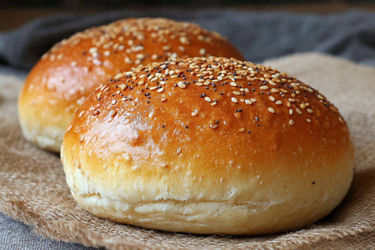 Close-up of a sourdough hamburger bun with sesame seeds, showcasing its texture and golden-brown crust.