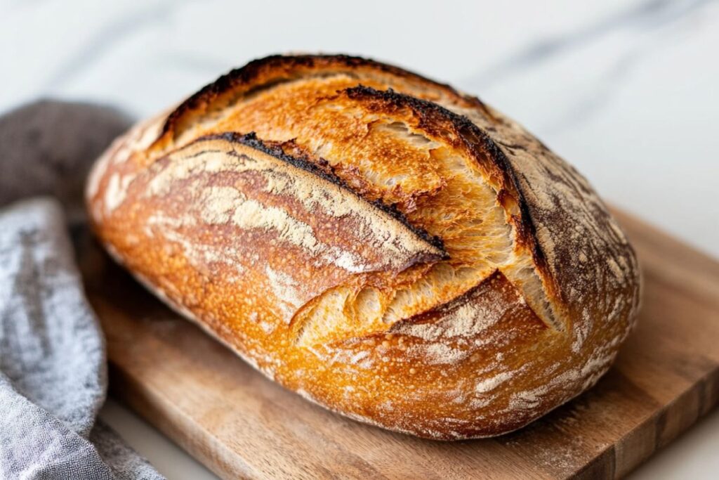 A loaf of sourdough bread sliced to show its texture and golden crust, emphasizing its health benefits and nutritional value.