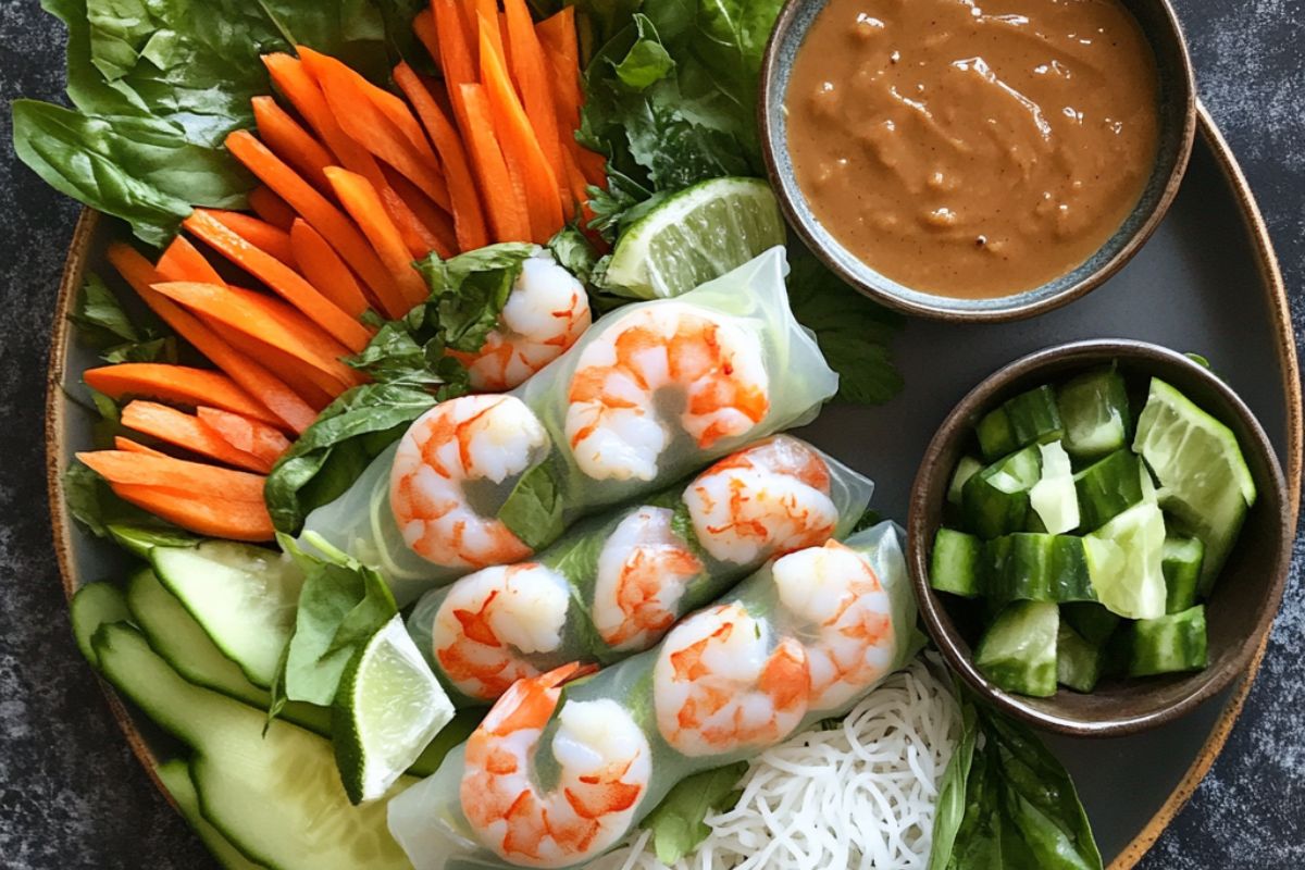 Fresh shrimp spring rolls with vegetables and peanut dipping sauce