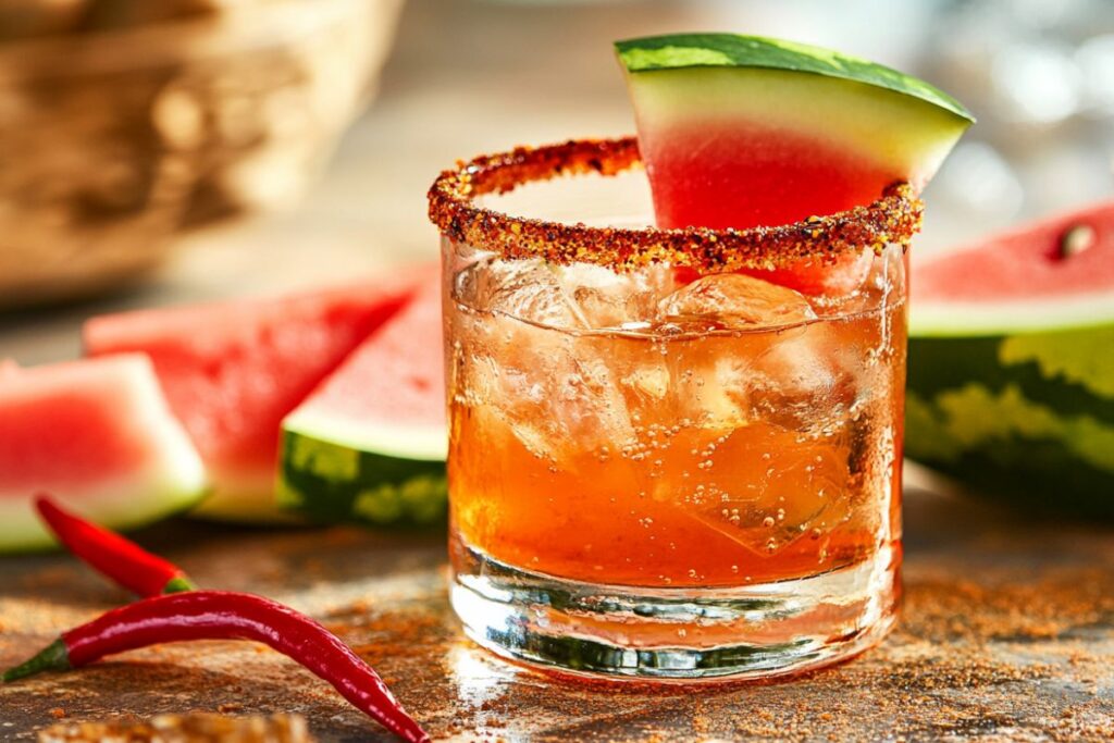 Mexican Candy Shot with watermelon and chili rim