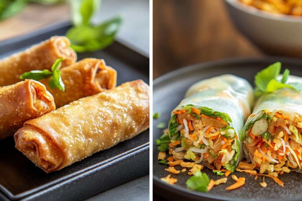 Crispy Chinese egg roll next to a light and fresh Vietnamese spring roll on a plate.