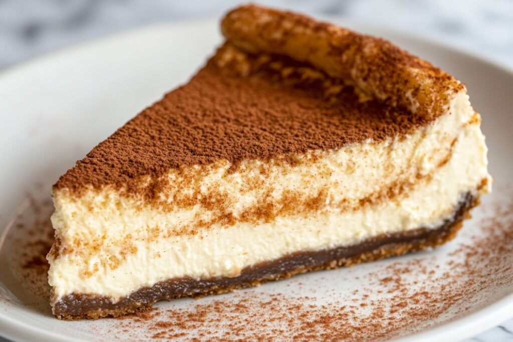 Churro cheesecake slice with cinnamon sugar crust, creamy filling.