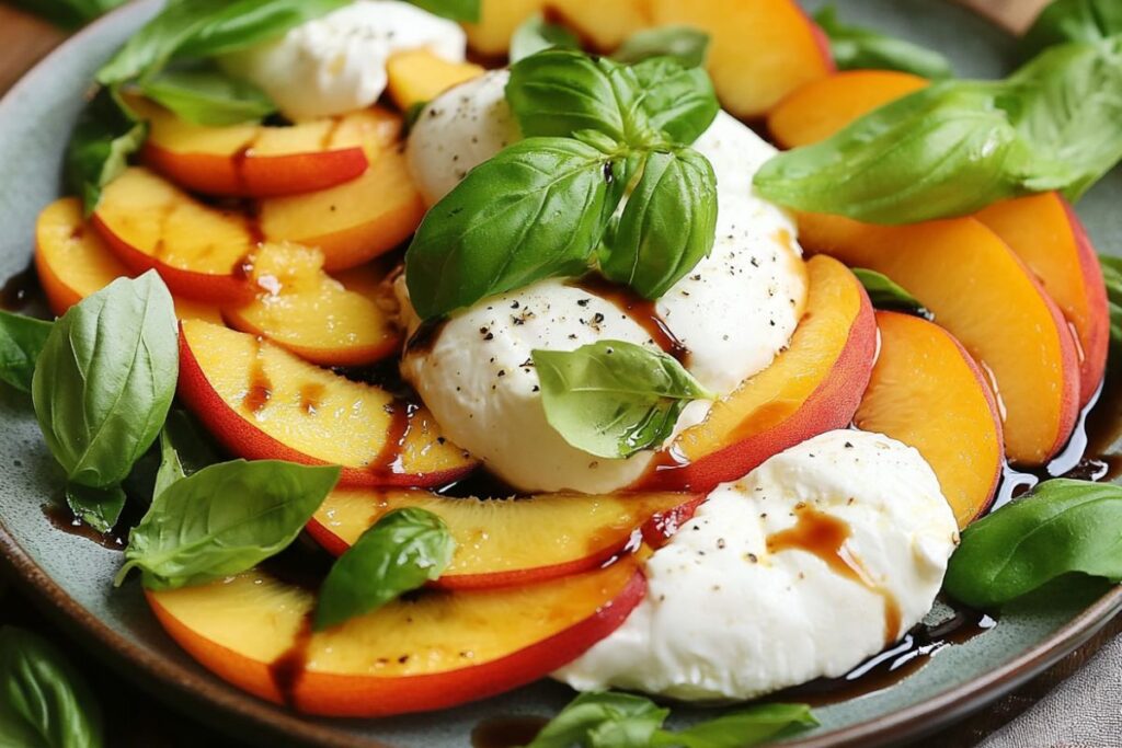 Fresh peach burrata salad with basil and balsamic drizzle