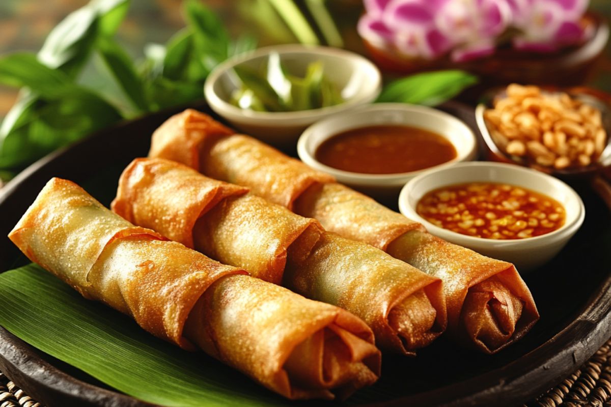 A close-up of crispy fried spring rolls served with dipping sauces.