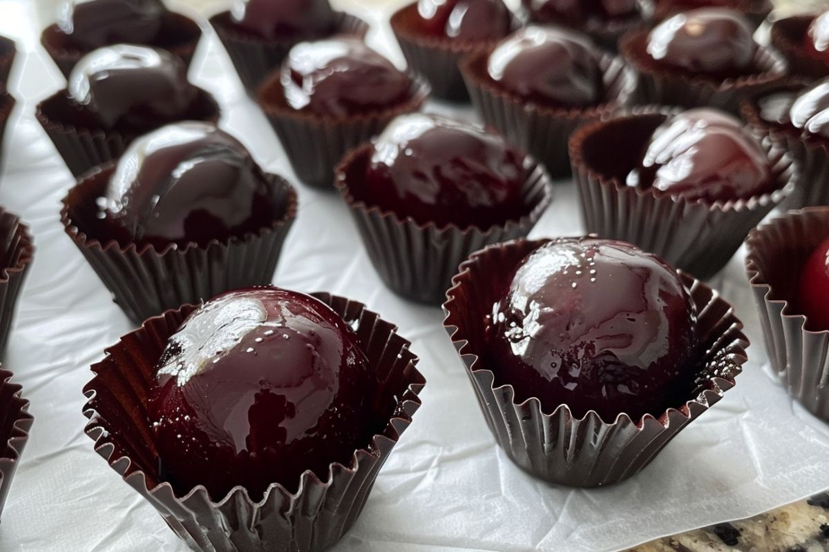 Delicious homemade chocolate-covered cherries dipped in rich dark chocolate, placed on a decorative white plate.