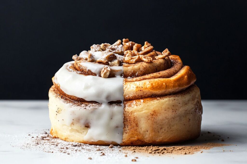 A close-up image showing the differences between a cinnamon bun and a cinnamon roll, highlighting their unique textures and toppings.