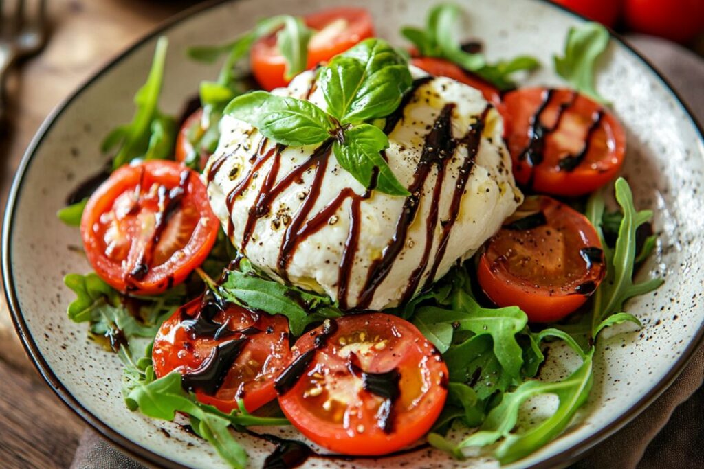 Fresh burrata salad with tomatoes, arugula, and basil drizzled with olive oil and balsamic glaze.