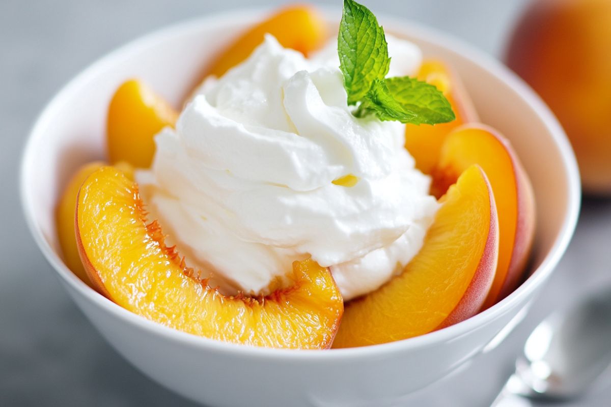 Fresh peaches with whipped cream in a bowl