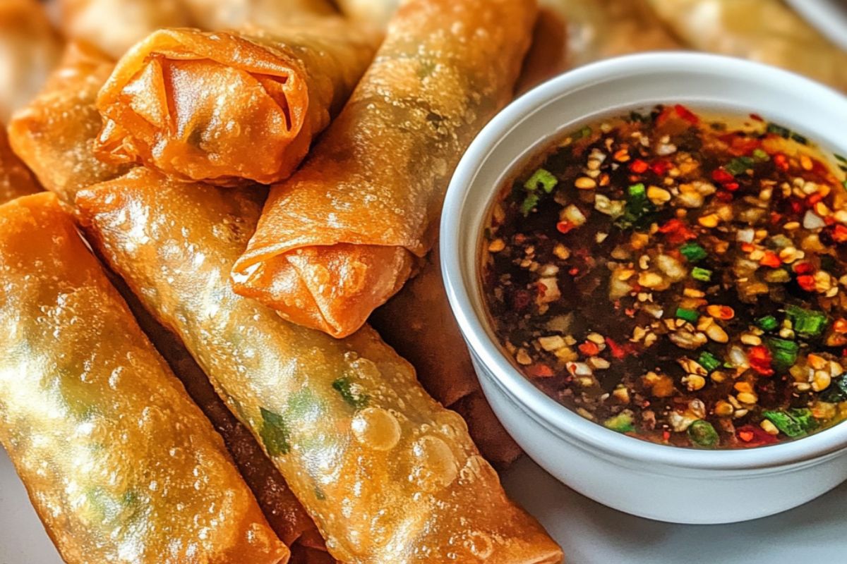 Crispy spring rolls on a plate with a side of dipping sauce