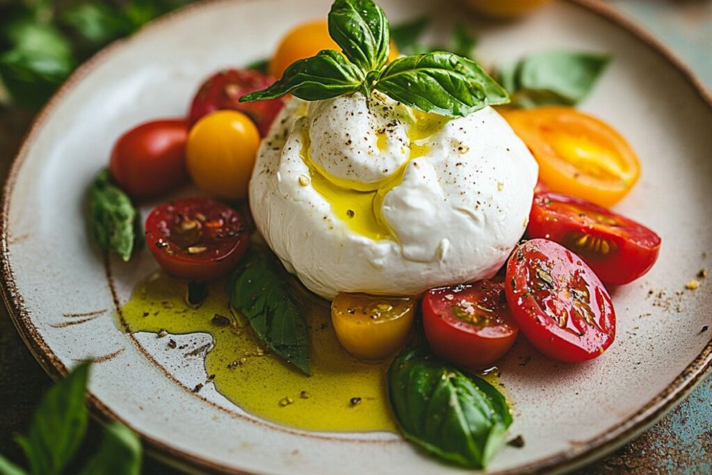 Creamy burrata cheese served with fresh heirloom tomatoes and basil