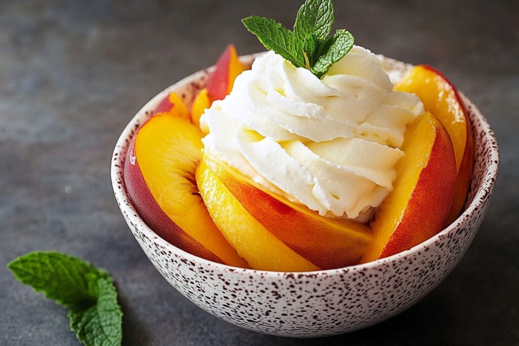 Fresh peaches with cream dessert topped with mint