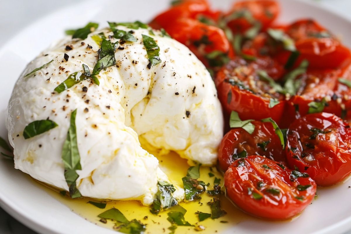 Freshly prepared burrata cheese ball with a creamy center served on a plate with basil and roasted tomatoes.