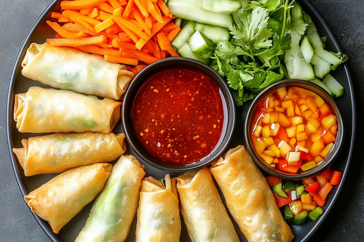 Spring rolls vs vegetable spring rolls with fresh vegetables and dipping sauce