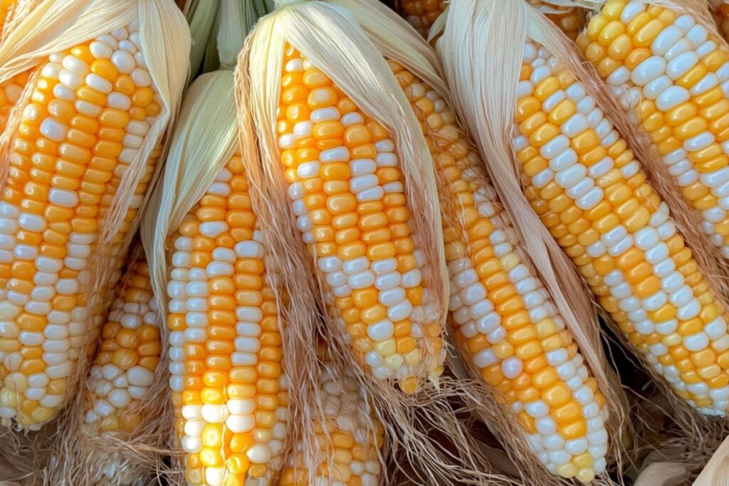 Ripe Peaches and Cream corn growing in a sunny field ready for harvest