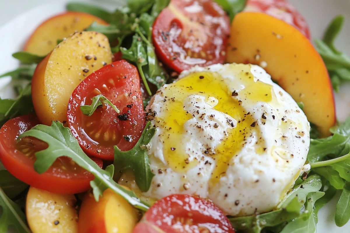 A fresh burrata salad with peaches, tomatoes, arugula, and drizzled olive oil