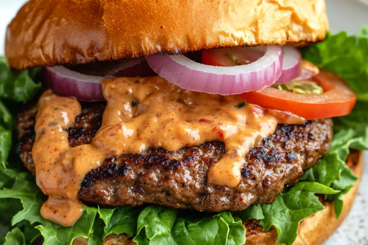 Homemade burger sauce drizzled on a juicy burger