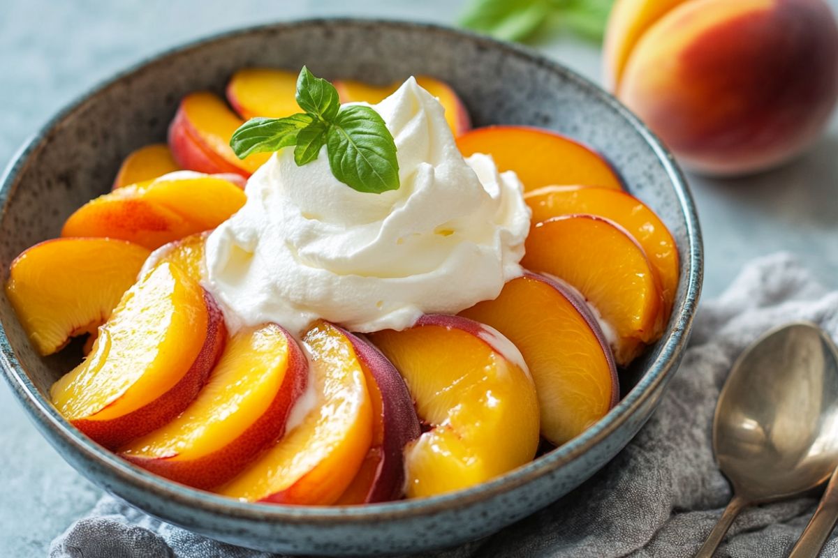 Fresh peaches with a dollop of cream, representing the iconic peaches and cream dessert.