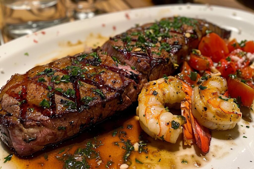 Grilled steak and lobster tails served with garlic butter and herbs