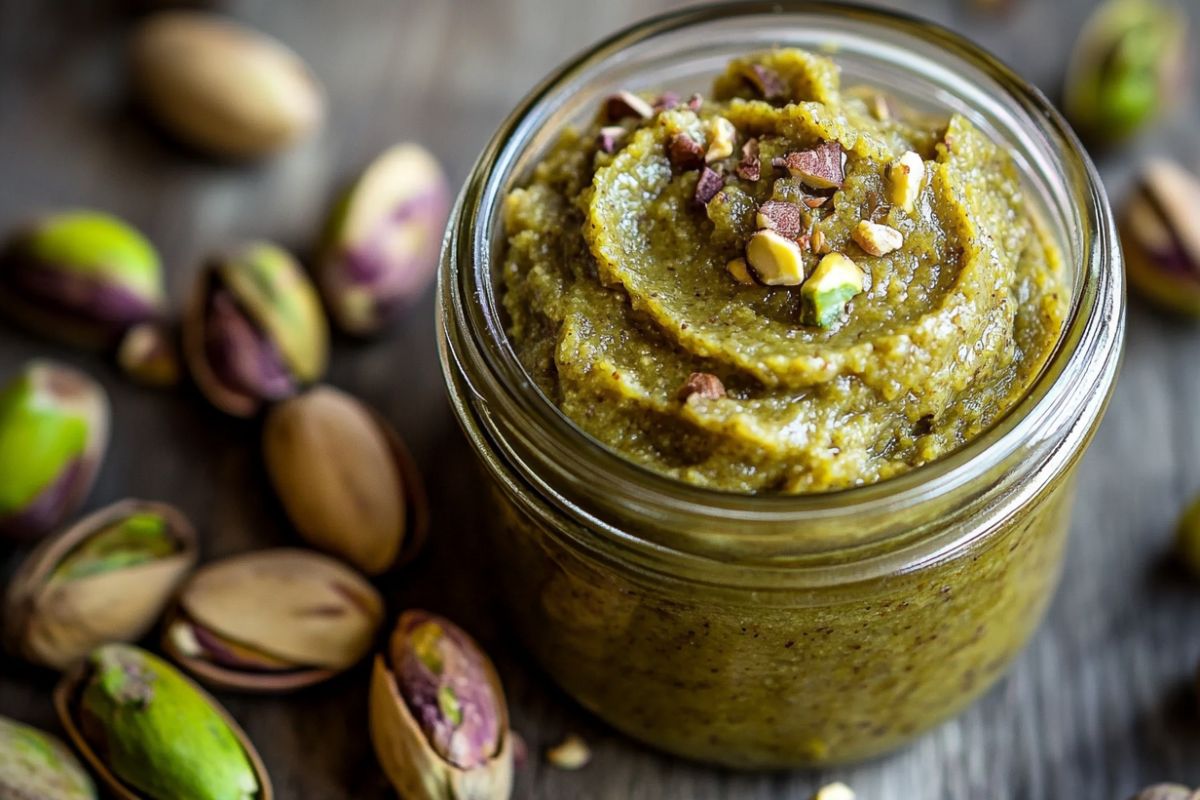 Freshly made pistachio butter in a glass jar next to roasted pistachios