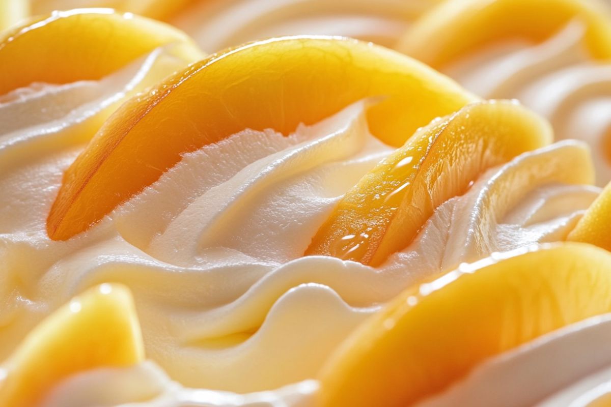 A bowl of fresh peaches topped with cream, highlighting the classic peaches and cream dessert.