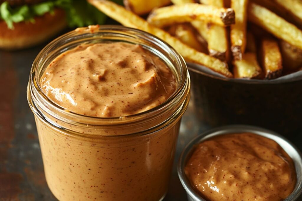 A jar of homemade burger sauce next to a juicy burger and fries.