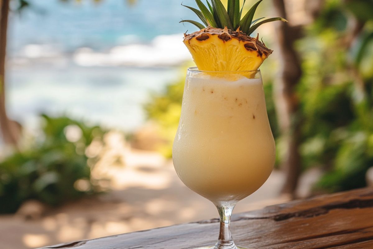 A glass of Piña Colada cocktail with pineapple and coconut garnish on a beach.