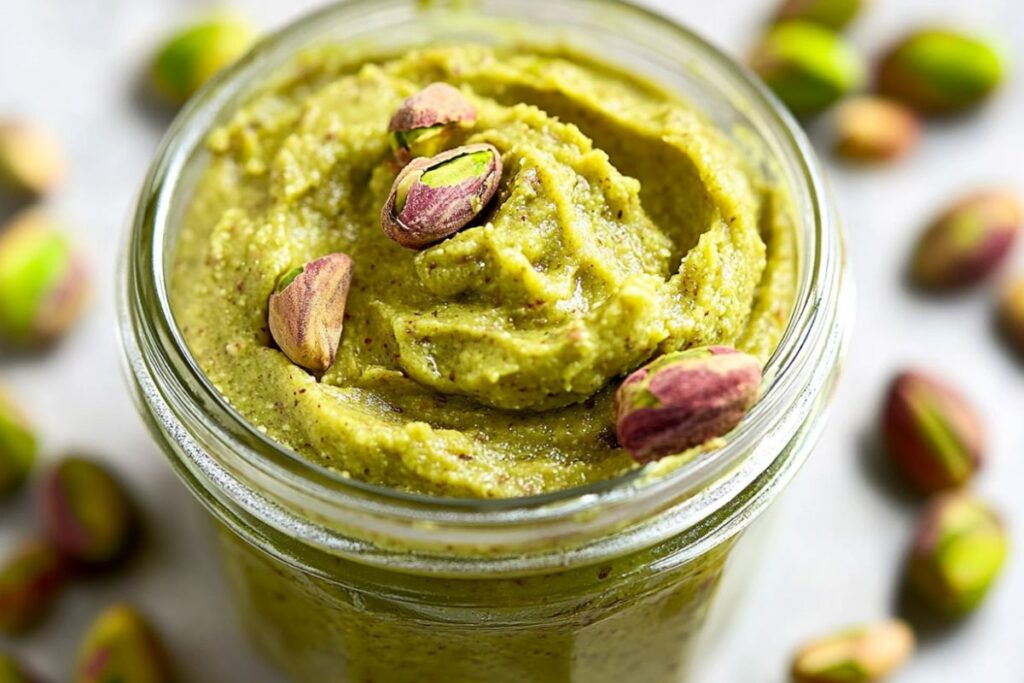 Jar of creamy pistachio butter with fresh pistachios on a wooden table