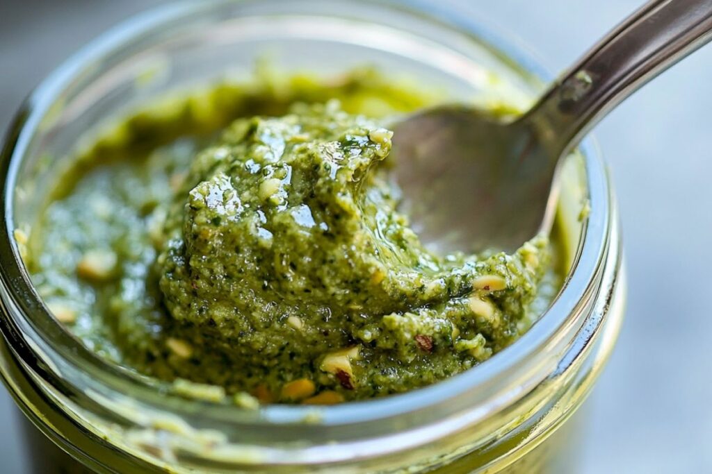 Jar of pistachio butter stored in a refrigerator to extend its shelf life.