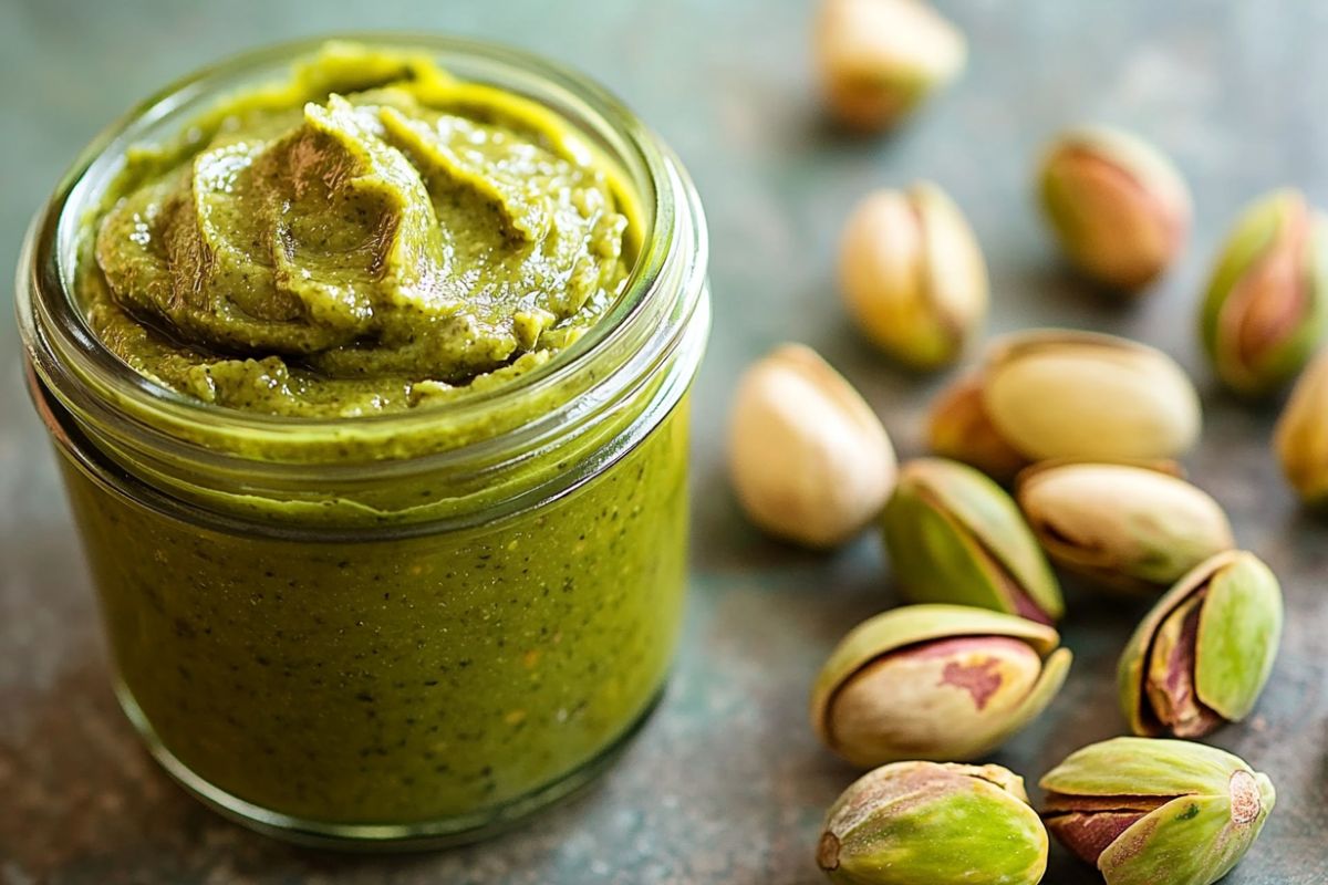 Close-up of a jar of pistachio butter and fresh pistachios