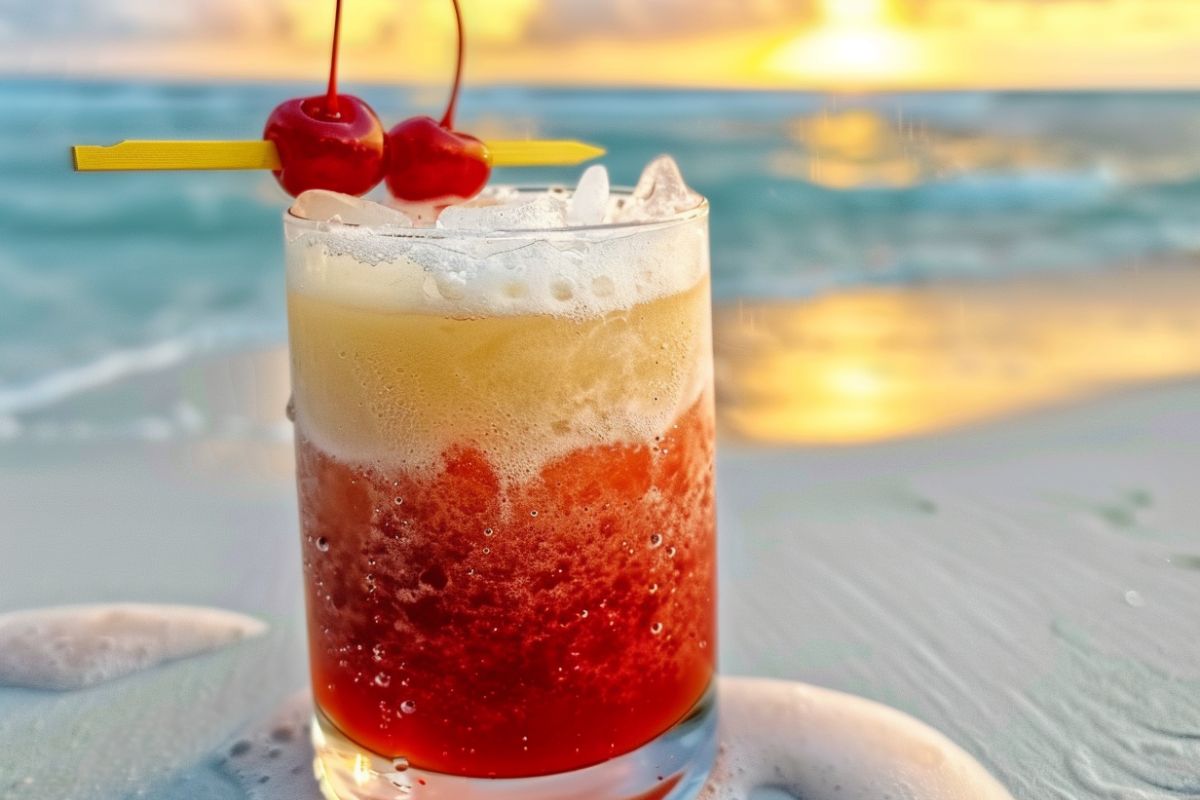 Layered Lava Flow drink with pineapple, coconut, and strawberry puree, garnished with a slice of pineapple and cherry.