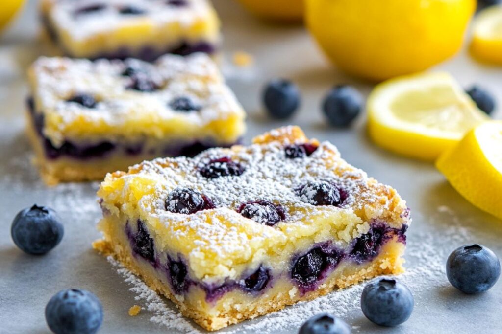 Lemon blueberry bars with fresh lemons and blueberries on a plate.