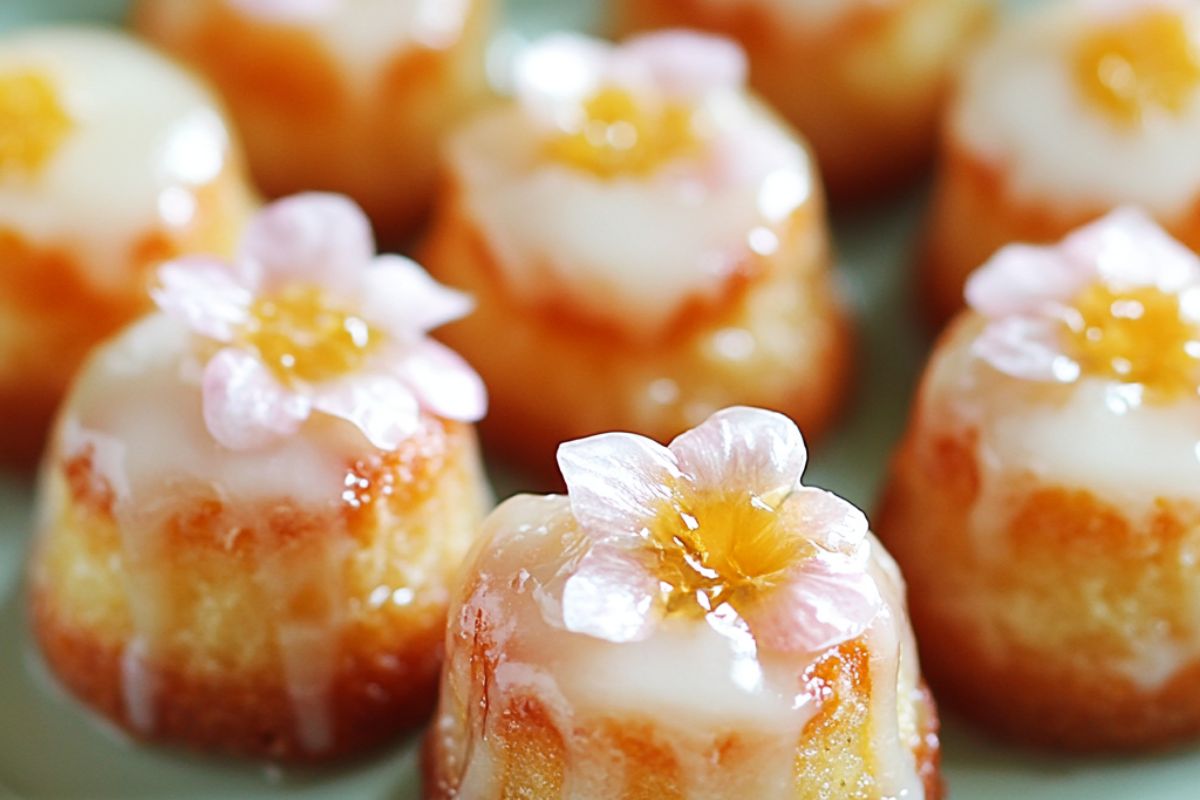 A plate of lemon blossoms topped with a shiny lemon glaze.