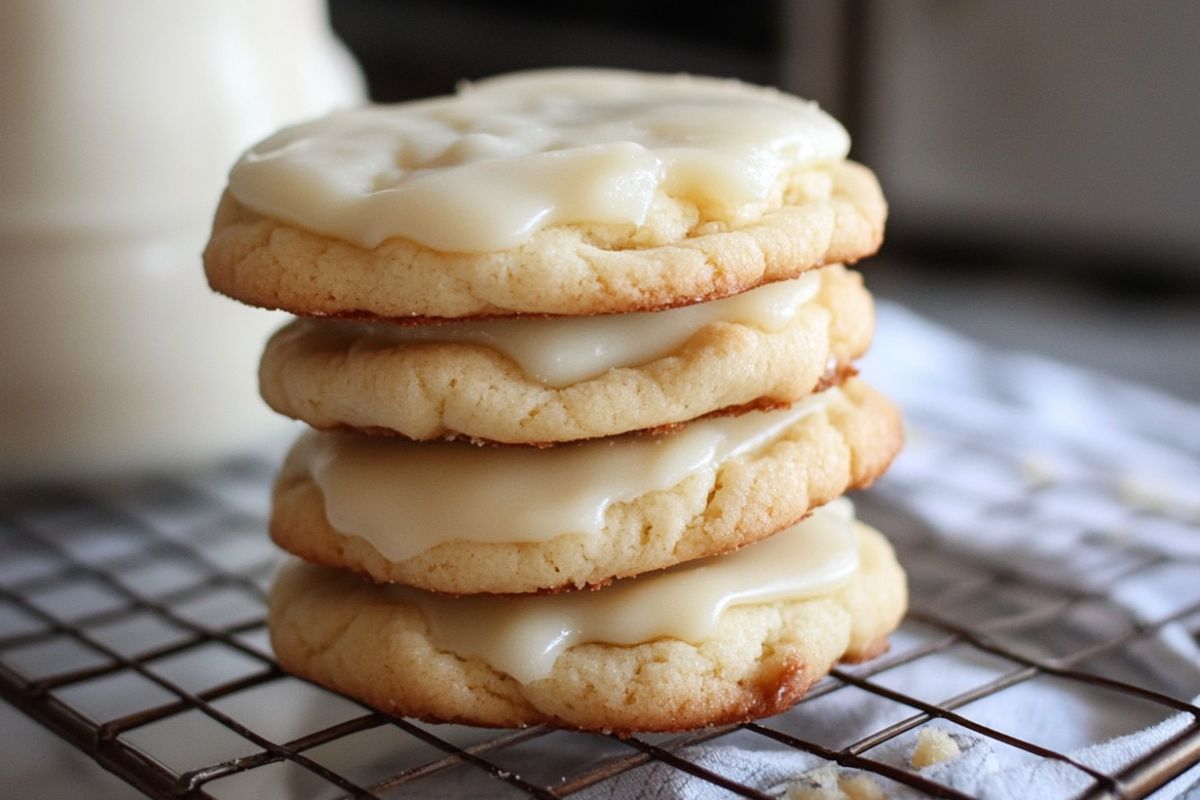 Freshly baked cream cheese cookies stored in an airtight container to preserve freshness.