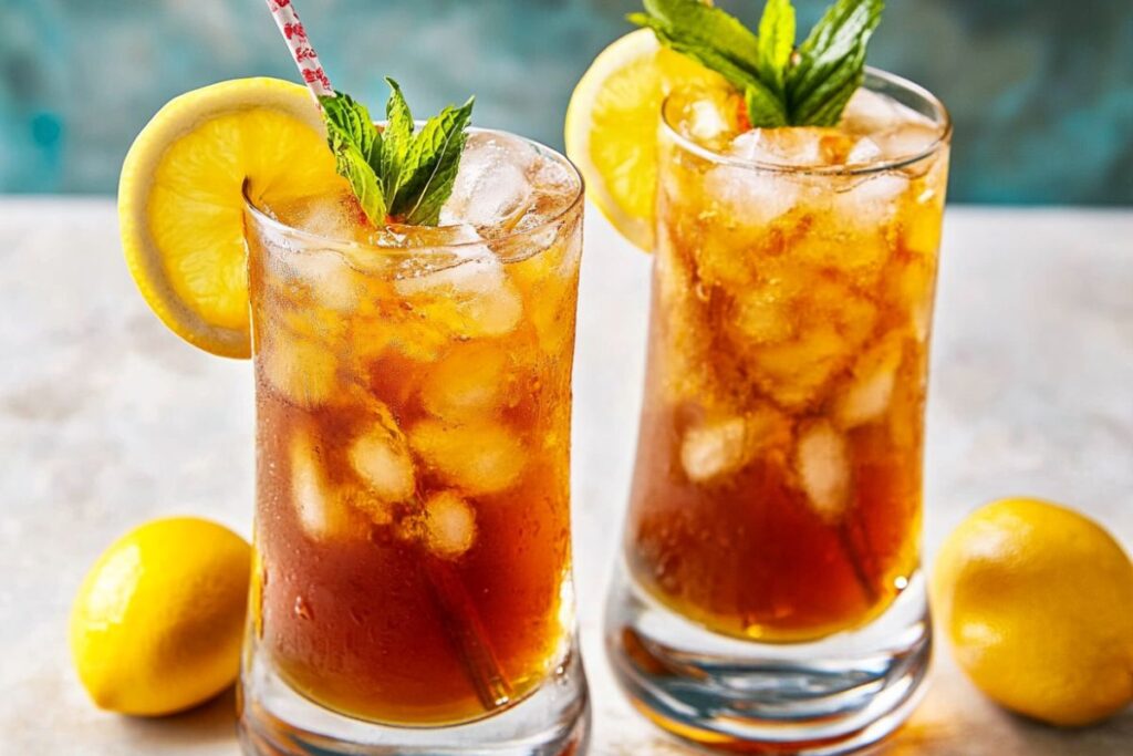 Long Island Iced Tea cocktail with lemon garnish and ingredients