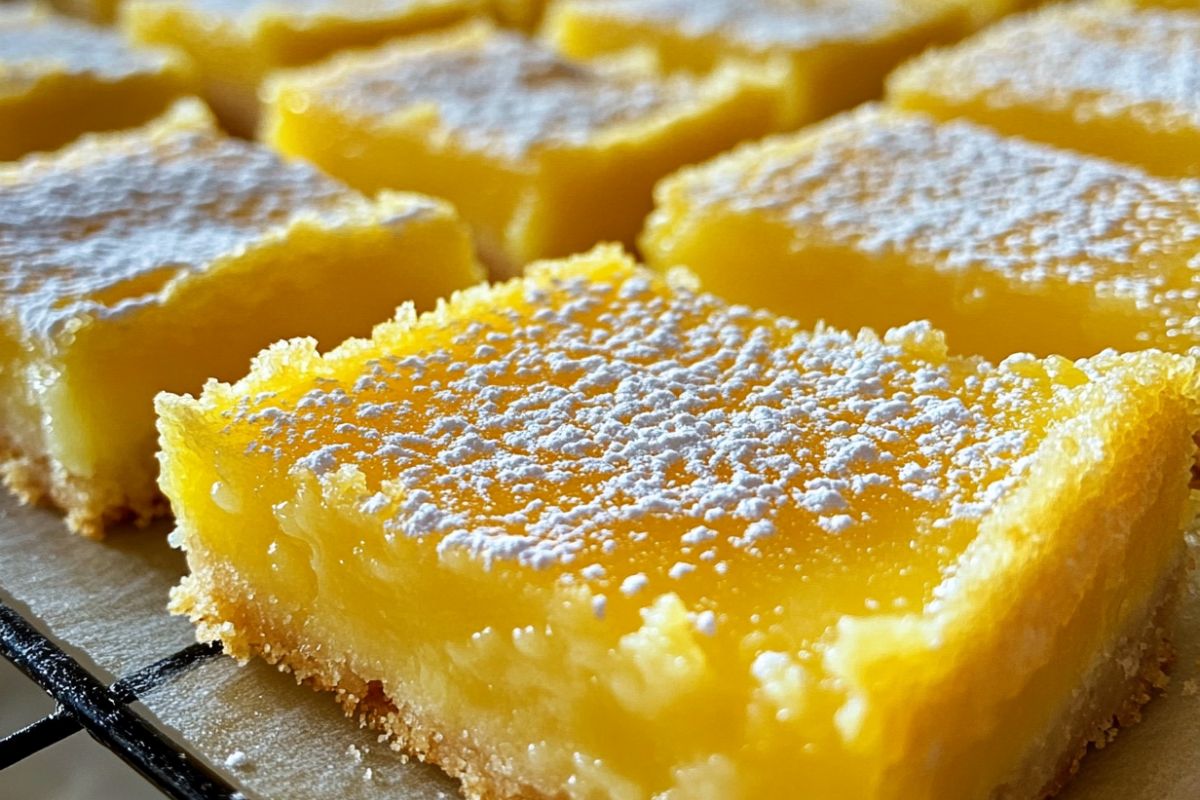 Fresh lemon bars with tangy filling and powdered sugar topping