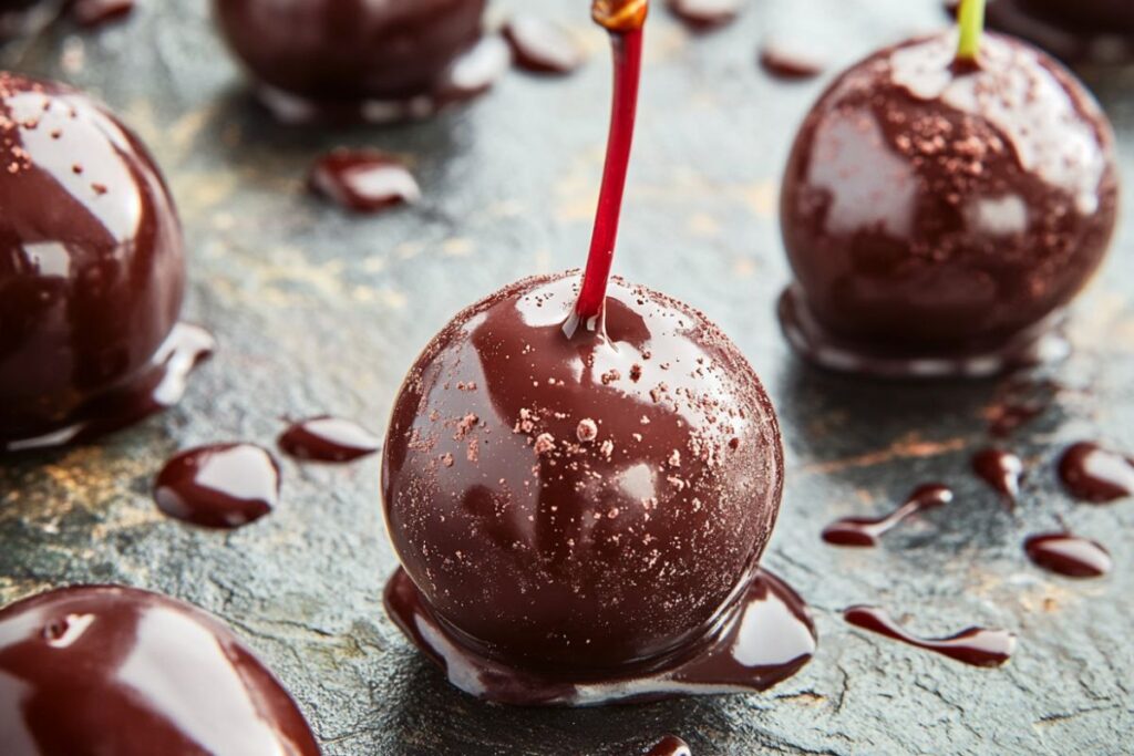 Chocolate-covered cherries on a white plate