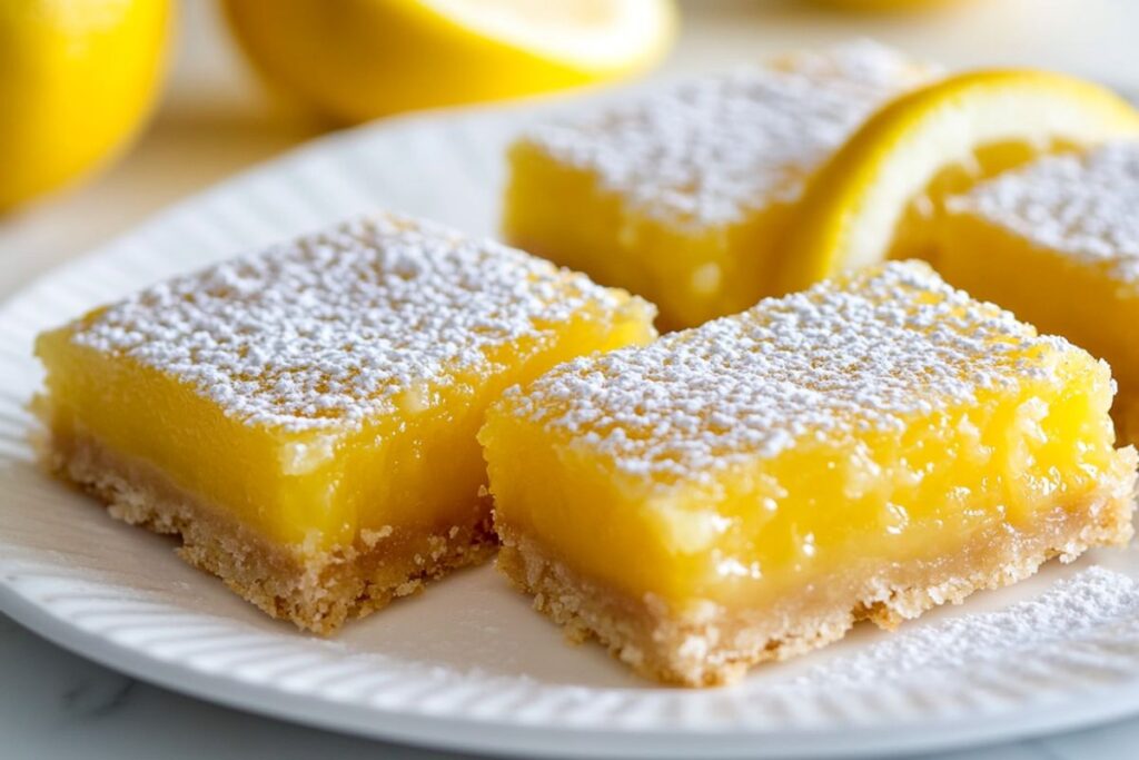 Fresh homemade lemon bars sliced and served on a plate with a lemon garnish.