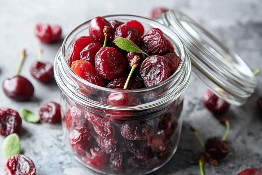 A close-up of dried cherries in a glass jar, showcasing proper storage techniques for extended shelf life.