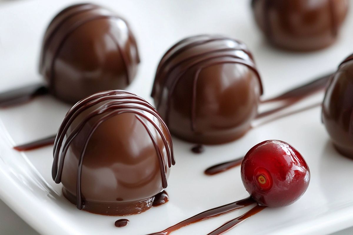 Cherry cordials on a white plate, showing chocolate coating and cherry center