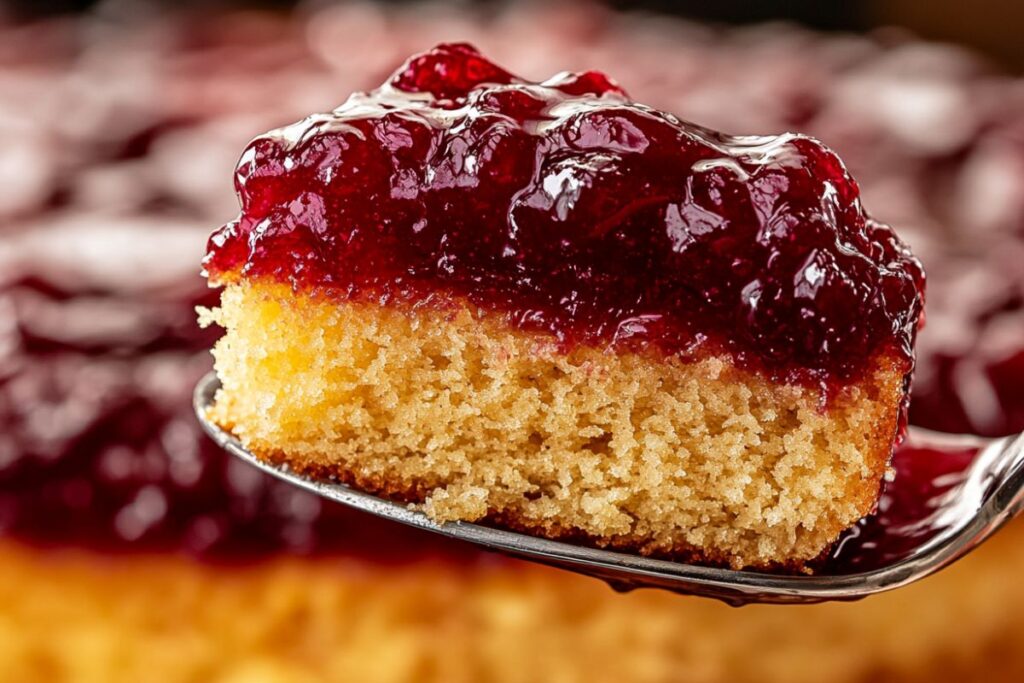 A spoon spreading thickened jam between cake layers to create a perfect cake filling.