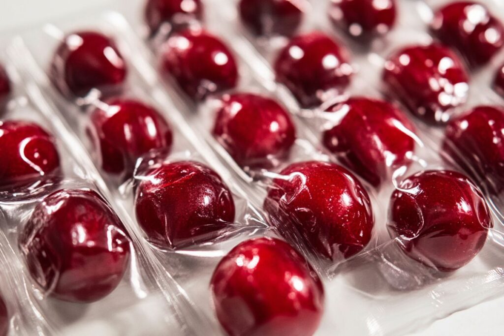 Vacuum-sealed cherries stored in a freezer for long-term freshness