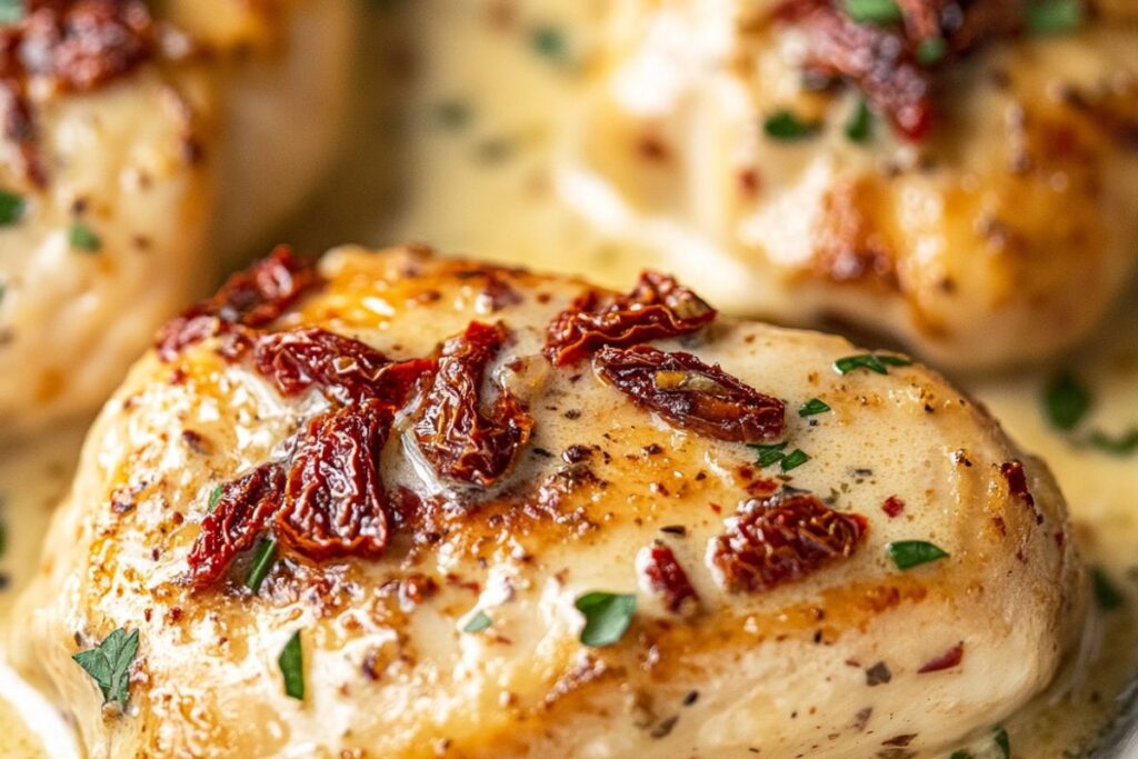 Creamy Marry Me Chicken in a skillet with sun-dried tomatoes and Parmesan cheese