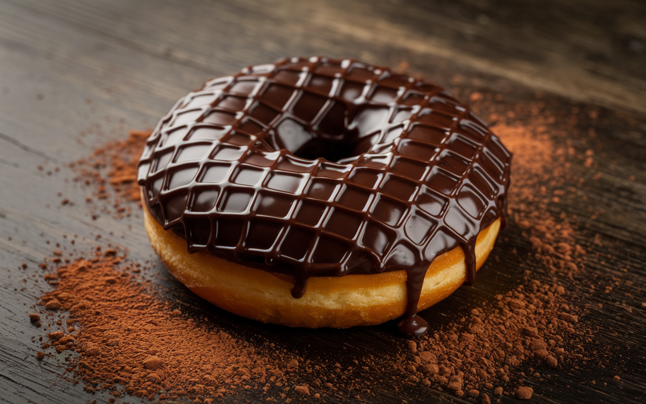 Chocolate glazed donut with a glossy chocolate coating