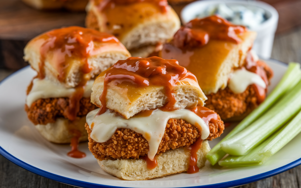 Buffalo chicken sliders with melted cheese on soft buns, served on a platter with a side of celery and ranch dressing.