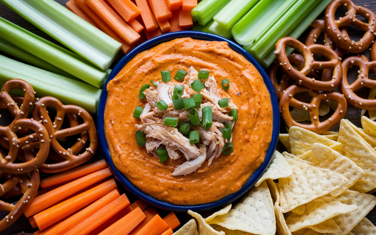 A bowl of buffalo chicken dip with tortilla chips, celery sticks, and bell peppers on the side.