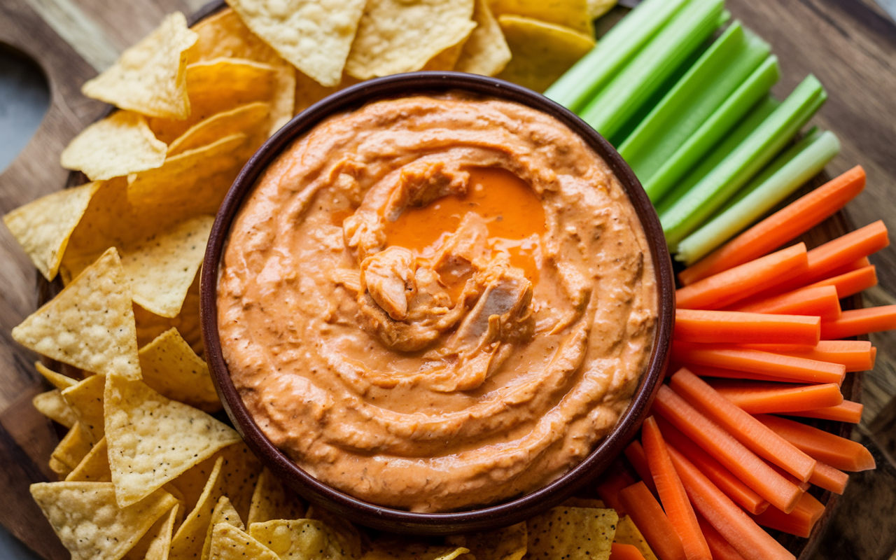 Buffalo chicken wings served with celery sticks and a side of blue cheese dip