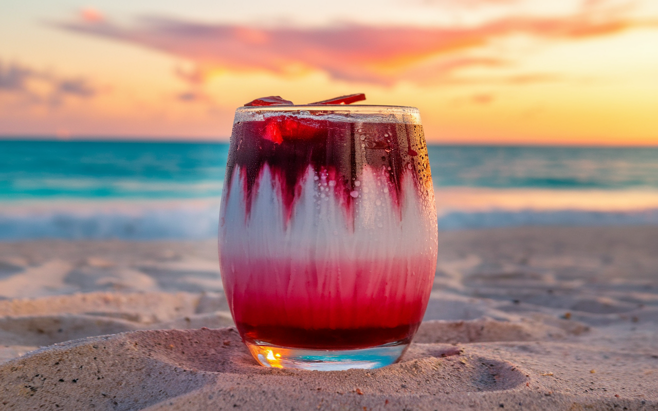 A vibrant layered Miami Vice cocktail with fresh strawberry and pineapple garnishes, served in a hurricane glass