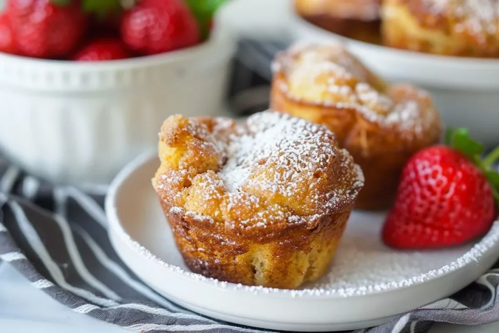 Baked cinnamon sugar French toast muffins in a muffin tin, topped with a crispy cinnamon-sugar layer.