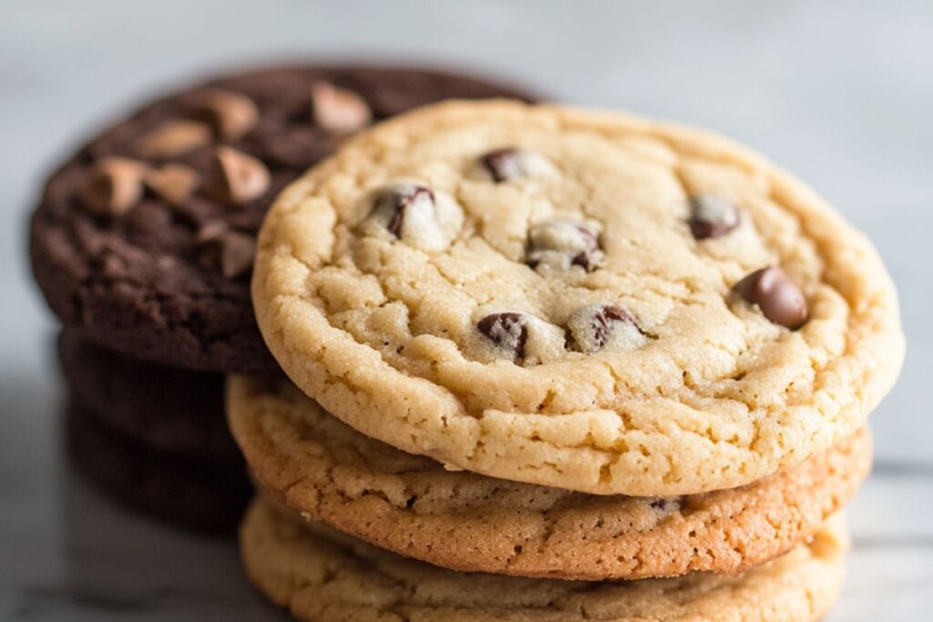 Close-up of chewy and crunchy cookies side by side